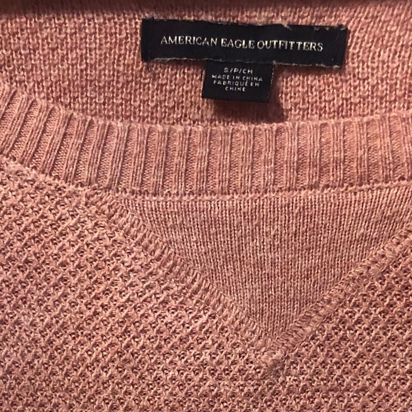 AE Pale Pink Knit Crochet Checked Pattern Long Sleeve Crew Neck Sweater - Picture 3 of 3